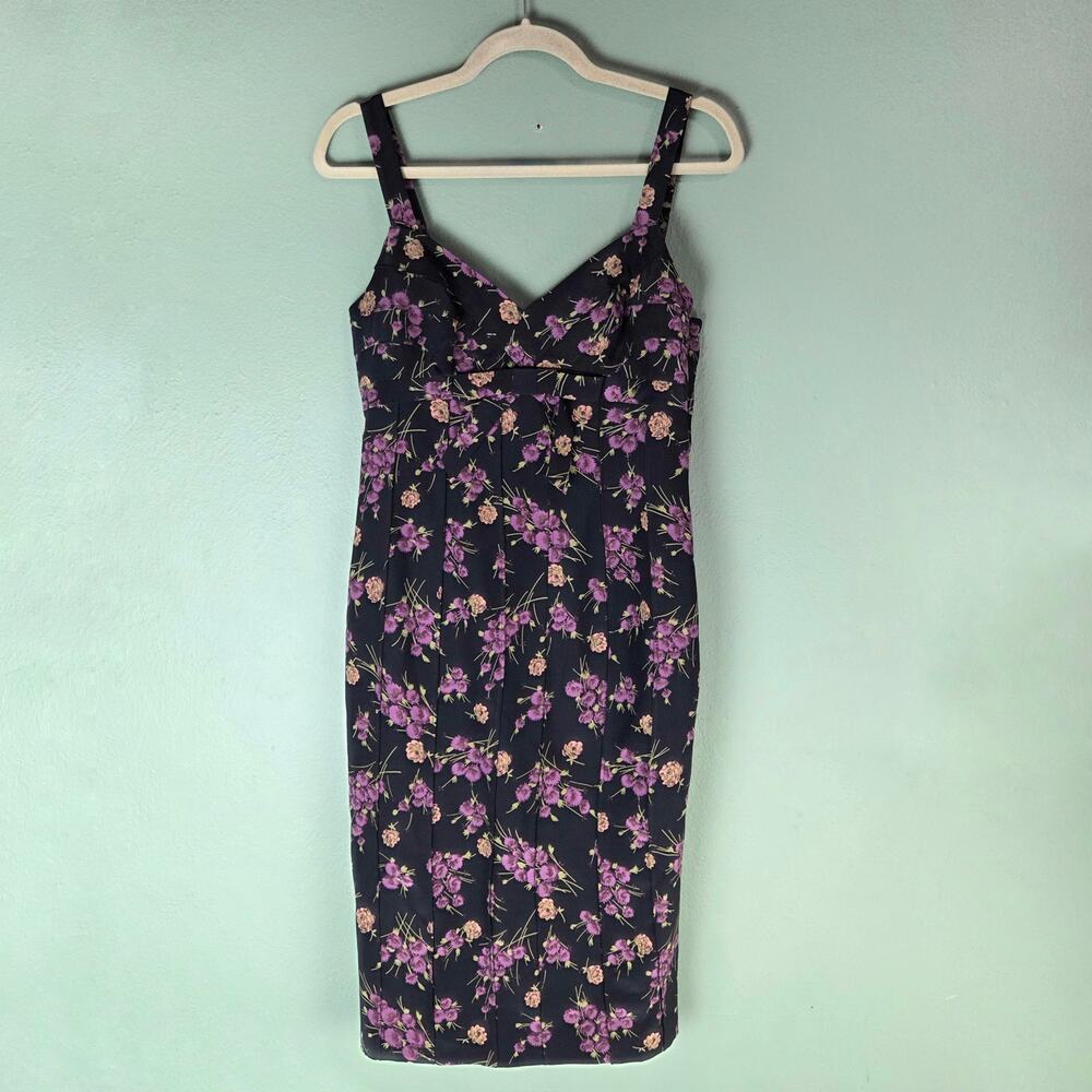 Vintage Y2K Betsey Johnson 8 Silk Cocktail Black Floral Purple Dress Coquette